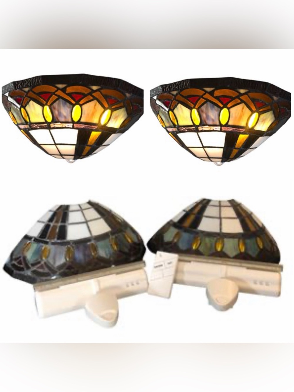 Set Of 2 Stained Glass Wall Sconces Battery Operated W/ Remotes